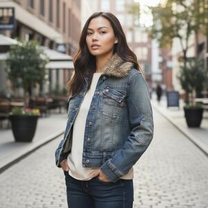 Apple Bottoms Vintage Denim Jacket Faux Fur Hood Embellished Size S